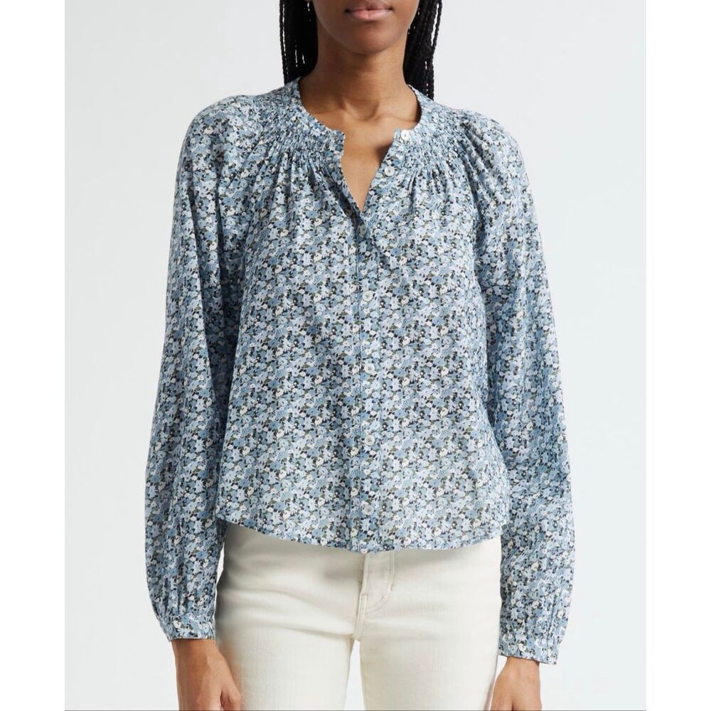Veronica Beard Blouse Top Shirt Madge Ditsy Floral Cotton Blend Button Up Blue 4